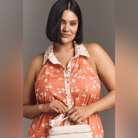 NWT Size LP-Maeve 100% Cotton Floral Halter Godet Midi Shirt Dress (NWT US $188) - Picture 7 of 16